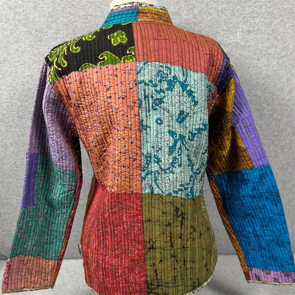 Sacred Threads Womens Silk Patchwork Quilted Jacket Size S Mandarin Collar Boho - Picture 6 of 16